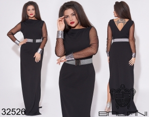 Длинное черное платье с длинными рукавами из сетки и съемным поясом с 48 по 62 размер - SvitStyle