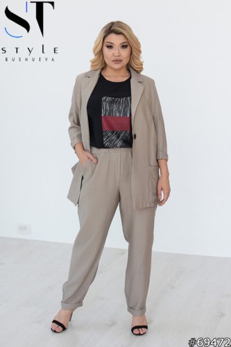 Шикарный костюм-тройка в стиле casual из пиджака, брюк и футболки с принтом с 48 по 52 размер - SvitStyle
