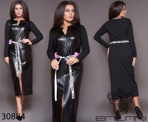 Стильное платье с эко -кожи с контрастным поясом с 48 по 62 размер - 8389064 - SvitStyle
