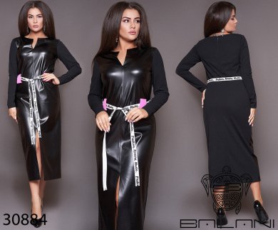 Стильное платье с эко -кожи с контрастным поясом с 48 по 62 размер - SvitStyle