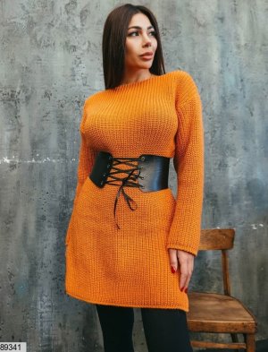 Вязаное платье-туника с кожаным корсетом в комплекте с 42 по 46 размер - 8408247 - SvitStyle