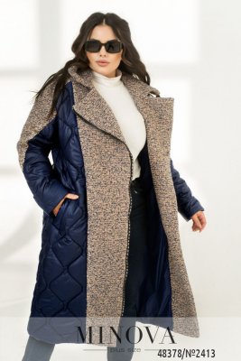 Стильне стьобане пальто з комбінацією двох тканин з косою блискавкою та відкладним коміром з 46 по 68 розмір - 8516500 - SvitStyle