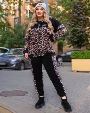 Жіночий спортивний костюм леопардовий, кофта з кишенями і капюшоном та штани на резинці з 48 по 58 розмір - 8594281 - SvitStyle