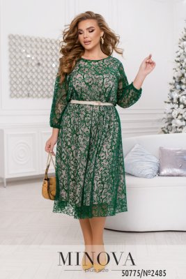 Новорічна жіноча сукня міді з витонченим дизайном, довгими рукавами і поясом в комплекті з 46 по 68 розмір - SvitStyle