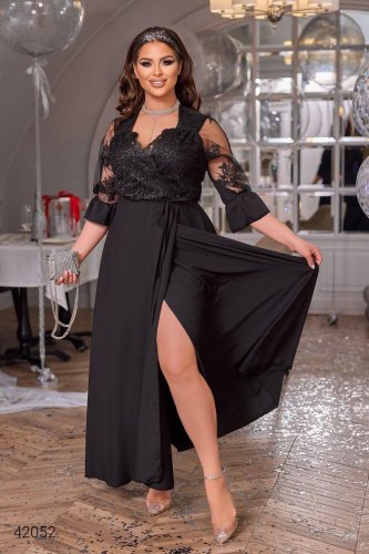 Вечірня чорна сукня з мереживом на запах з поясом в комплекті з 48 по 70 розмір - SvitStyle