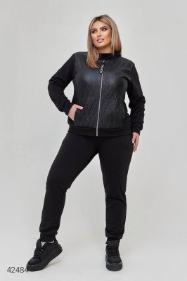 Стильний жіночий чорний спортивний костюм зі вставкою еко-шкіри з 48 по 58 розмір - 8600600 - SvitStyle