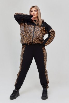 Стильний спортивний костюм зі вставкою еко-шкіри з леопардовим принтом з 48 по 58 розмір - 8600722 - SvitStyle