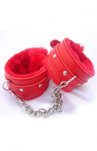Кожаные наручники с меховой отделкой красные - SvitStyle