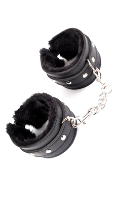 Кожаные наручники с меховой отделкой черные - 5659612 - SvitStyle