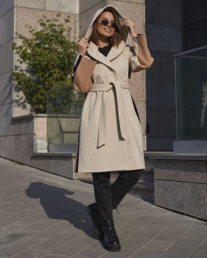 Оригінальне кашемірове пальто з капюшоном бежево-чорний-кемел. PV263 - 8601273 - SvitStyle