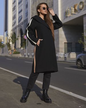 Чорне кашемірове пальто з лампасами та капюшоном. PV263 - 8601276 - SvitStyle