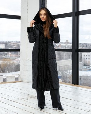 Чорне комбіноване стьобане пальто з капюшоном з штучного хутра. PV131 - 8601284 - SvitStyle