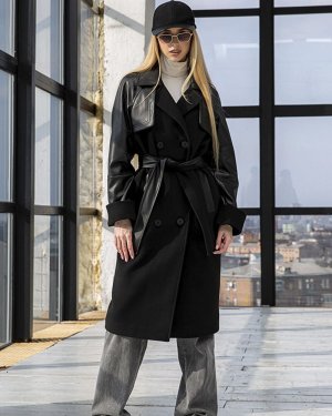 Чорне демісезонне двобортне пальто із кашеміру з обробкою з екошкіри.PV184 - 8601291 - SvitStyle