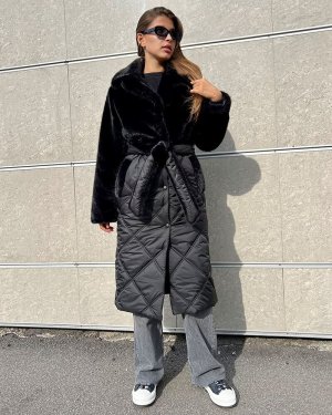 Чорне зимове пальто з еко хутра і стьобаної плащівки. PV333 Розмір: 42 - 8601326 - SvitStyle