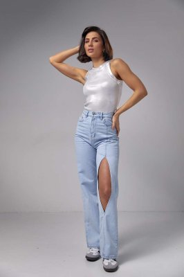 Блакитні жіночі джинси висока посадка з каплеподібним вирізом. LUX2937 Розмір: 34 - 8613517 - SvitStyle
