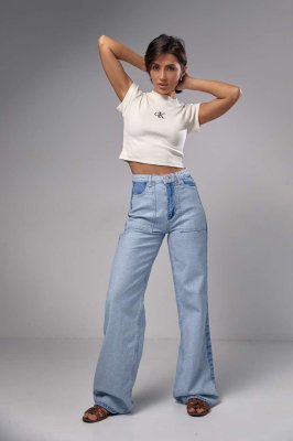 Блакитні жіночі джинси прямого крою з лампасами в бокових швах.LUX3237 Розмір: 34 - 8613518 - SvitStyle