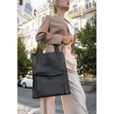 Шкіряна жіноча сумка шоппер Бетсі з кишенею чорна Краст - SvitStyle