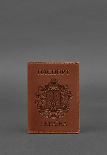 Шкіряна обкладинка для паспорта з українським гербом світло-коричнева - SvitStyle