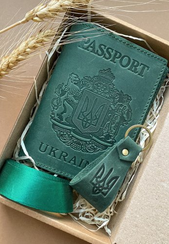 Подарунковий набір шкіряних аксесуарів з українською символікою зелений - SvitStyle