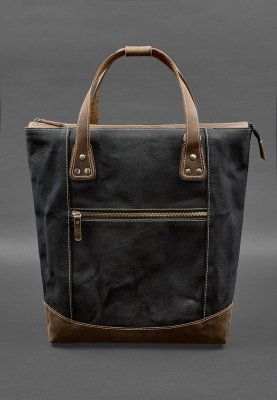 Сумка-рюкзак з канвасу та натуральної темно-коричневої шкіри Crazy Horse - SvitStyle
