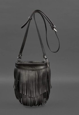 Шкіряна жіноча сумка з бахромою міні-кроссбоді Fleco чорна - 8569688 - SvitStyle
