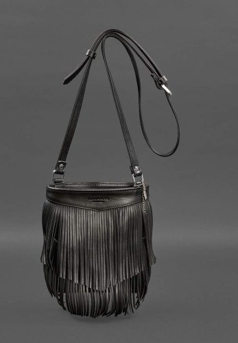 Шкіряна жіноча сумка з бахромою міні-кроссбоді Fleco чорна - SvitStyle