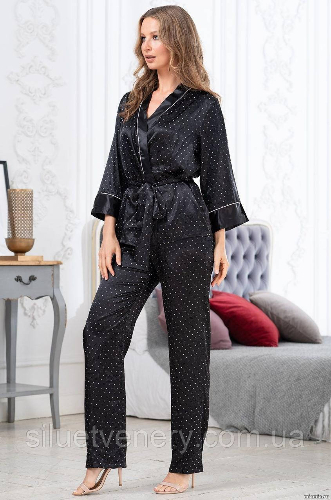 Домашний костюм женский комплект 3 в 1 атласный шелк брюки жакет топ Dorothy 8708 Mia-Amore - SvitStyle