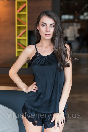 Женская пижама шортики с кружевом Black шелк Черный - SvitStyle