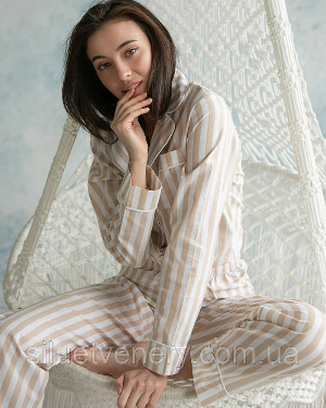 Женская пижама хлопок брюки рубашка длинный рукав Lines - 8589123 - SvitStyle