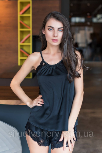Женская пижама шортики с кружевом Black шелк Черный XL - SvitStyle