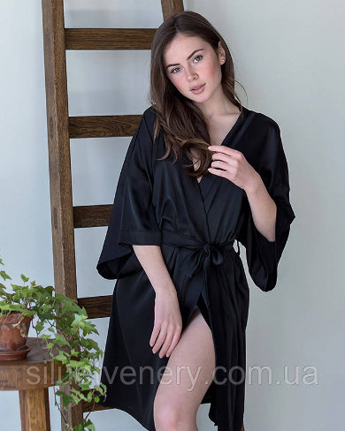 Халат женский черный шелковый Black с поясом - SvitStyle
