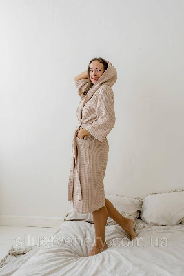Жіночий вафельний халат з капюшоном, беж - 8589367 - SvitStyle