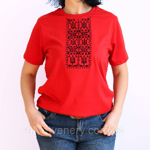 Женская вышитая футболка красная Тризуб короткий рукав - 8589377 - SvitStyle