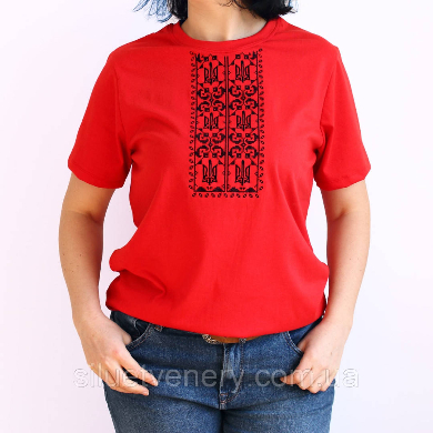 Женская вышитая футболка красная Тризуб короткий рукав - SvitStyle