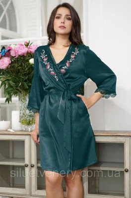 Зеленый шелковый халат цветочная вышивка Mia-Amore Валенсия Valensia 3263-1 - 8593073 - SvitStyle