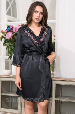 Черный шелковый халат цветочная вышивка Mia-Amore Валенсия Valensia 3263 - 8593077 - SvitStyle