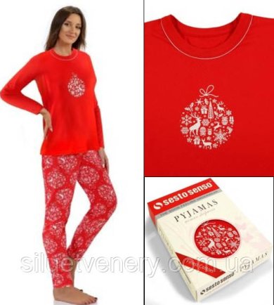 Пижама женская новогодняя из хлопка Sesto Senso Красный - SvitStyle
