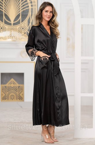 Длинный черный шелковый халат Реджина 3909 - SvitStyle