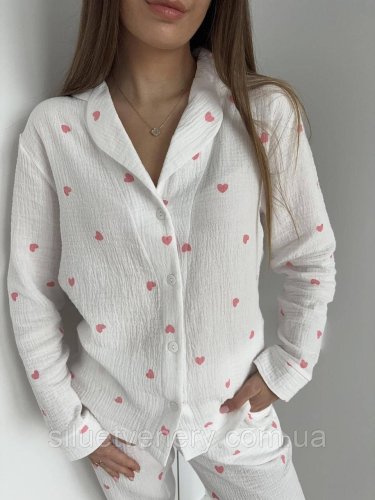 Женская Муслиновая белая пижама Сердца Cosy - SvitStyle