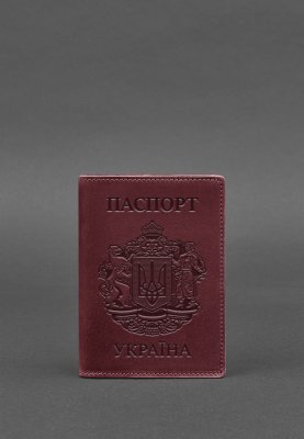 Шкіряна обкладинка для паспорта з українським гербом бордова - SvitStyle