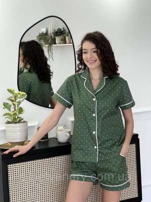 Пижама женская из сатина шорты рубашка зеленая в горошек Cosy M - 8615089 - SvitStyle