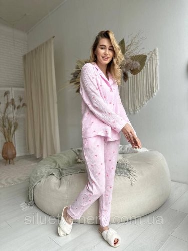 Розовая пижама женская из муслина натуральная Сердечки L - SvitStyle