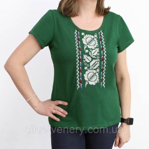 Вышитая зеленая женская футболка Цветы - SvitStyle