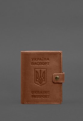 Шкіряна обкладинка-портмоне на паспорт з гербом України 25.1 Світло-коричнева - SvitStyle