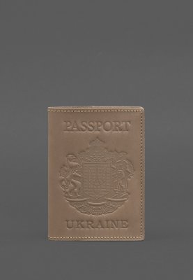 Шкіряна обкладинка для паспорта з українським гербом світло-бежева - SvitStyle