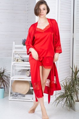 Комплект шовковий піжама с удлиненным халатом К1104п Червоний - SvitStyle