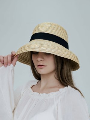 Французький солом'яний капелюх жорсткий з круглими полями бежевий з чорною стрічкою - SvitStyle