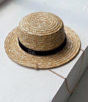 Солом'яний капелюх жіночий Канотьє плетений стильний красивий з ланцюгом і написом UA - SvitStyle
