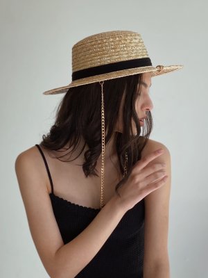 Солом'яний капелюх канотьє стильний жіночий з прямими полями бежевий з ланцюгом - 8614054 - SvitStyle