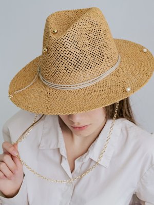 Літній капелюх федора D.Hats коричневий з ланцюгом та перлинами - 8614110 - SvitStyle